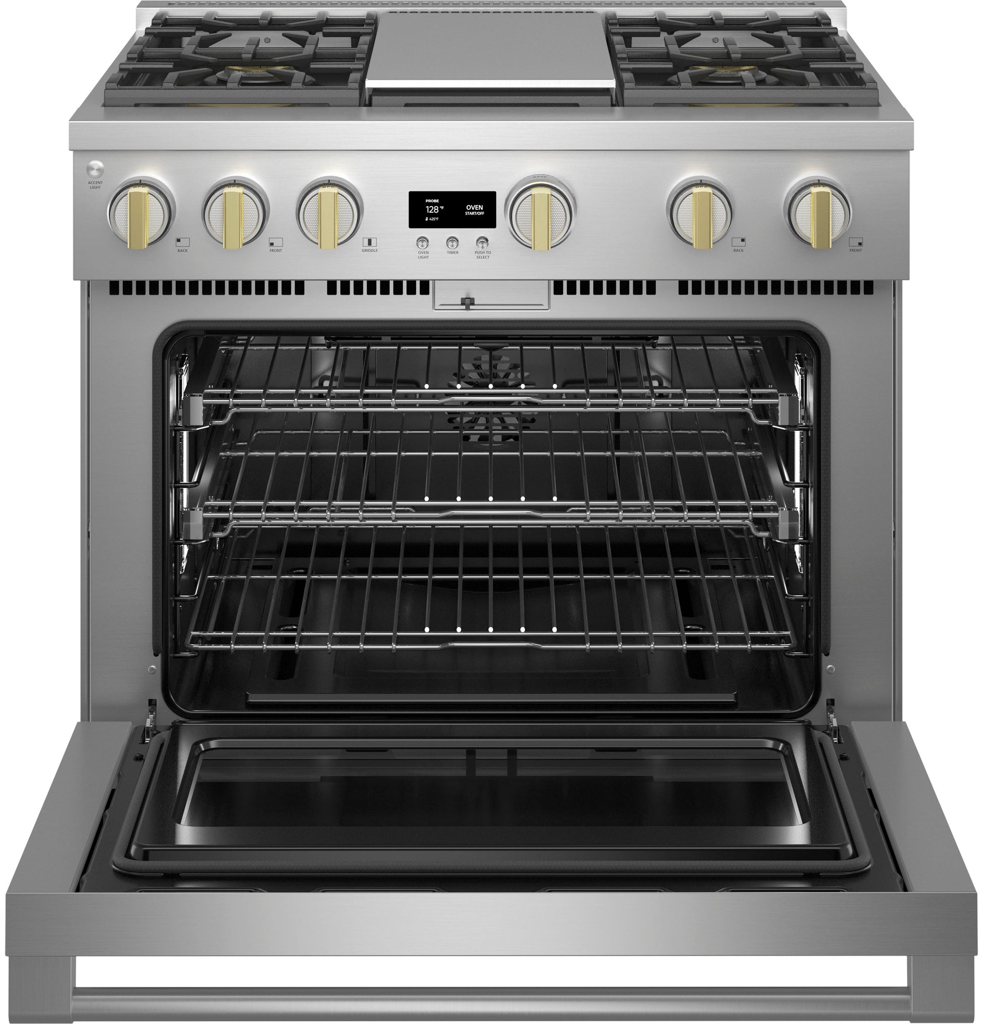 Stainless steel professional gas range with griddle and open oven featuring multiple racks in kitchen appliances collection