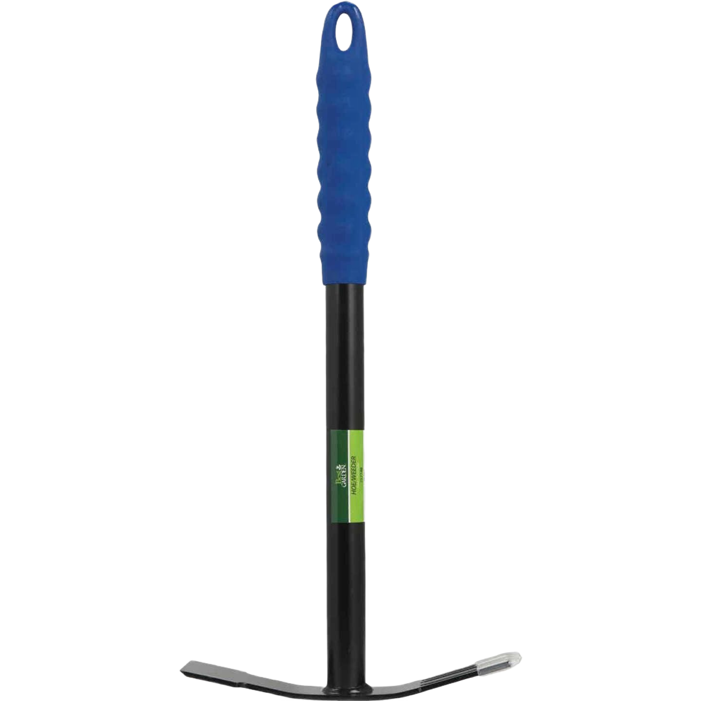 Hand cultivating weeder mattock with textured blue grip and black metal head for soil aeration and weed removal tasks