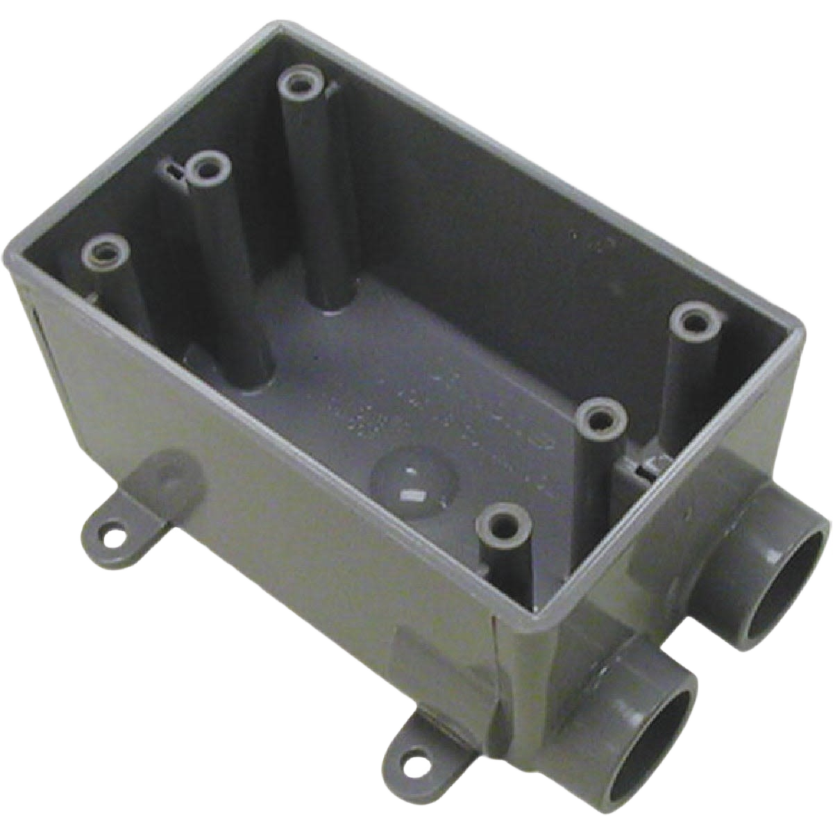 Dark gray PVC electrical box with rectangular shape and dual conduit openings for home improvement projects