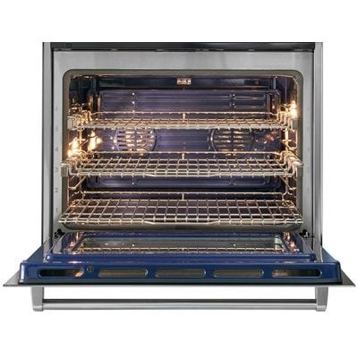 Stainless steel built-in single oven with dual convection fans and multiple wire racks for kitchen and wall ovens collections
