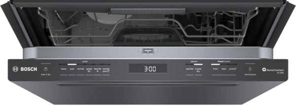 Open 24-inch brushed black steel dishwasher from Bosch with digital display and upper rack in dishwasher collection