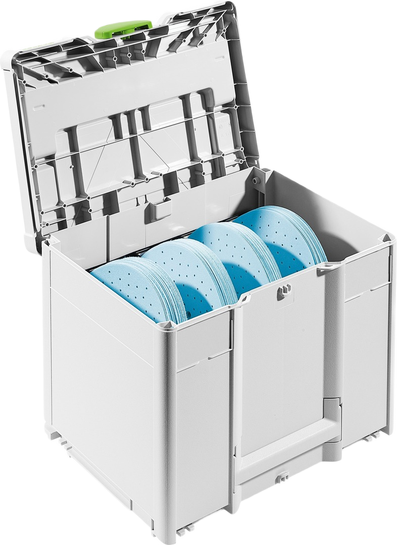 White storage Systainer box with organized blue abrasive discs for sanding in power tool accessories collection