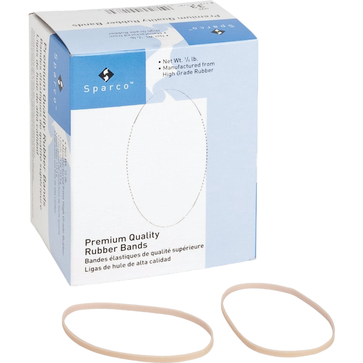 Box of premium rubber bands with two natural rubber bands displayed for office supplies and stationary use