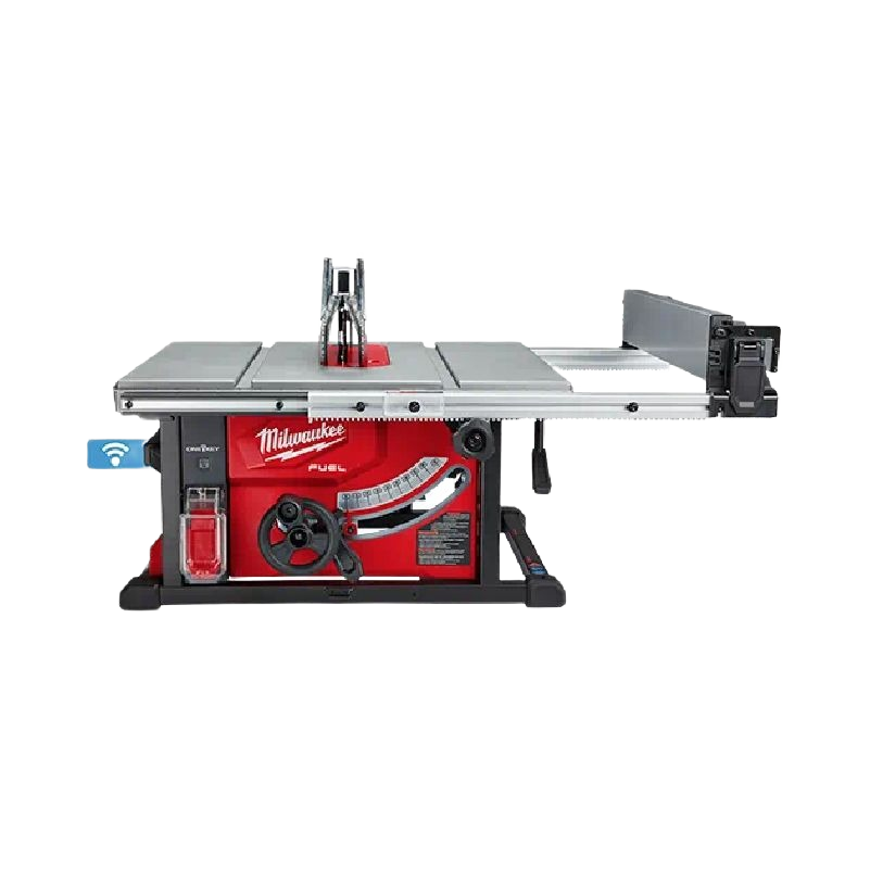 Red and black Milwaukee cordless table saw with metal tabletop, extension wing, and ONE-KEY™ smart tool technology for woodworking tools