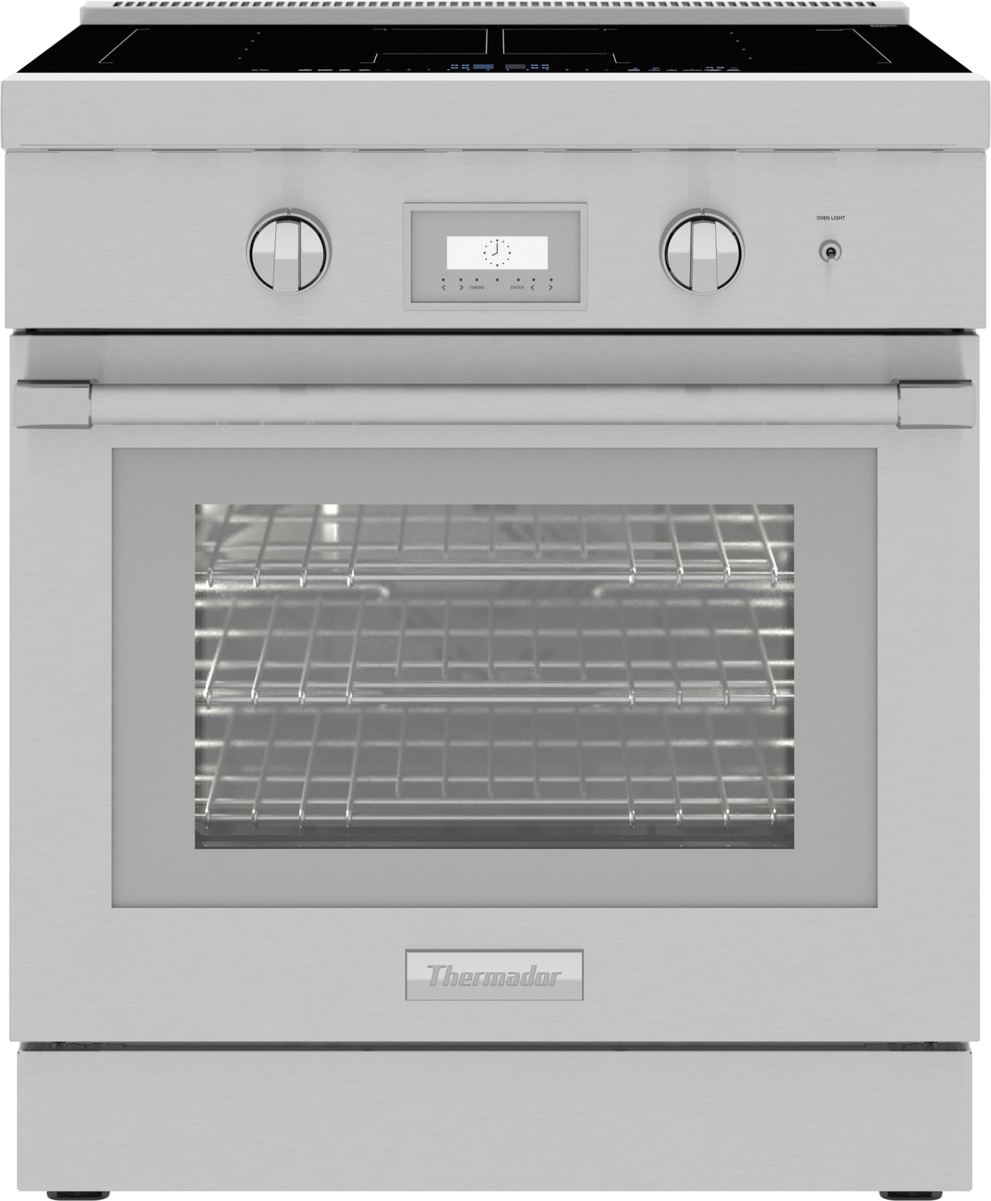 Stainless steel professional induction range with digital display and dual control knobs in kitchen appliances collection