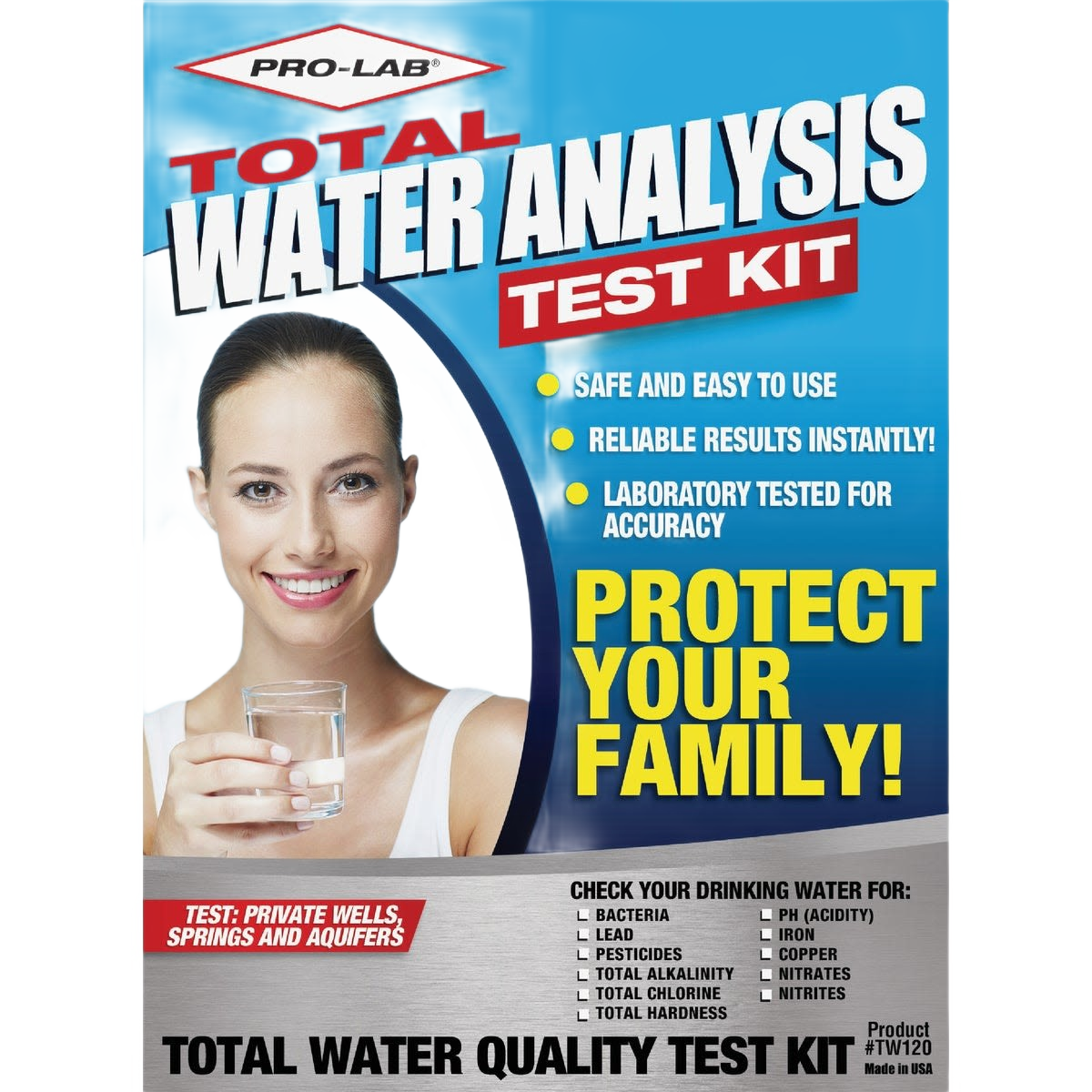 Packaging of a water test kit featuring a smiling woman holding a glass of clear water for home water quality checks