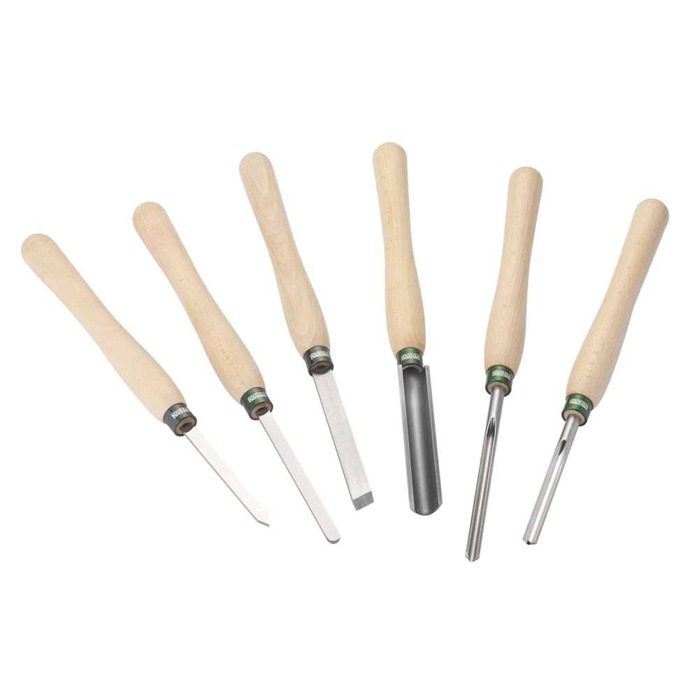 Six-piece woodturning tool set with 12-inch beech handles for woodworking and home improvement projects