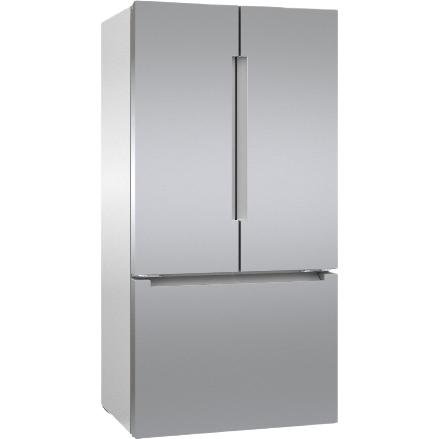 Stainless steel French door bottom mount refrigerator with anti-fingerprint finish in kitchen appliance setting