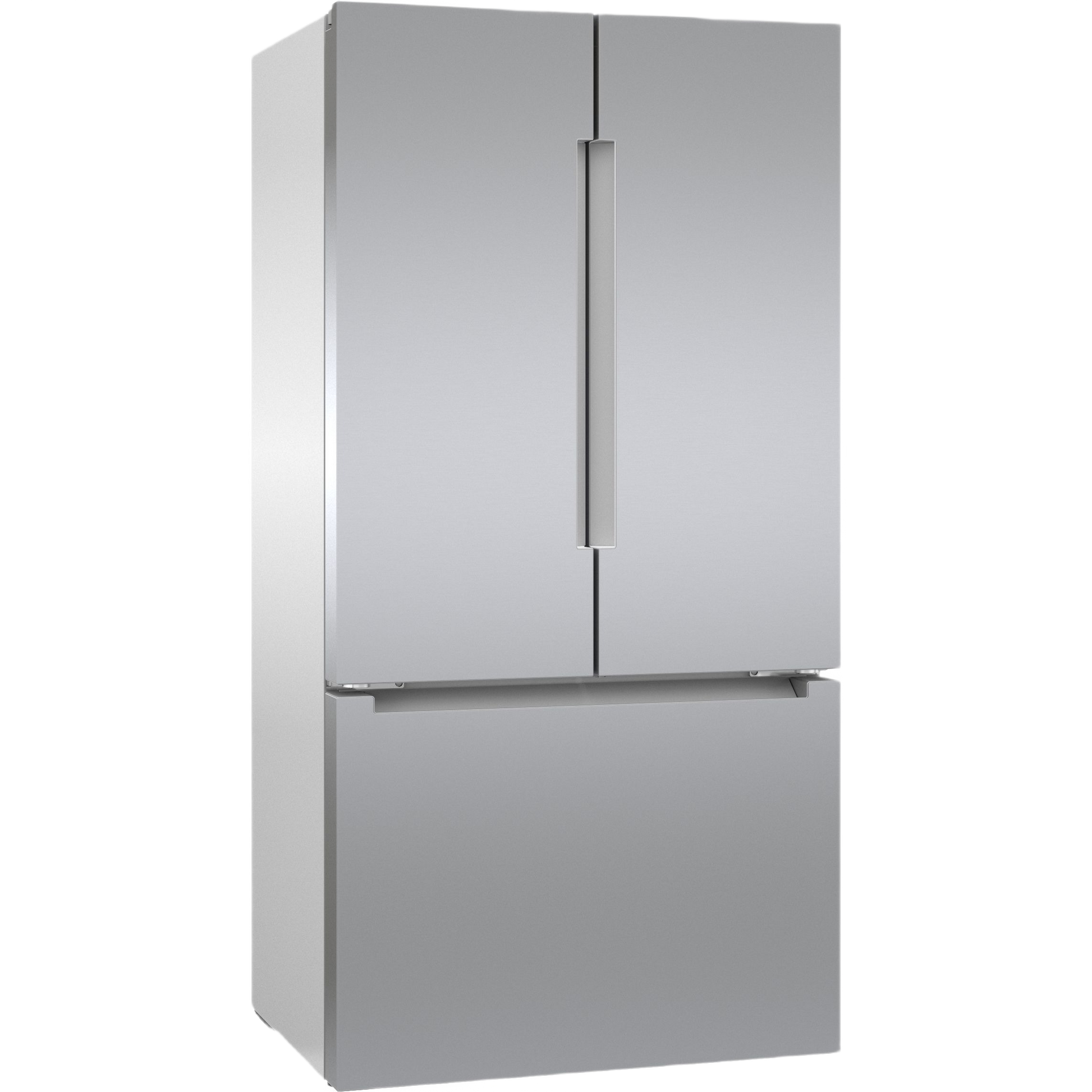 Stainless steel French door bottom mount refrigerator with anti-fingerprint finish in kitchen appliance setting