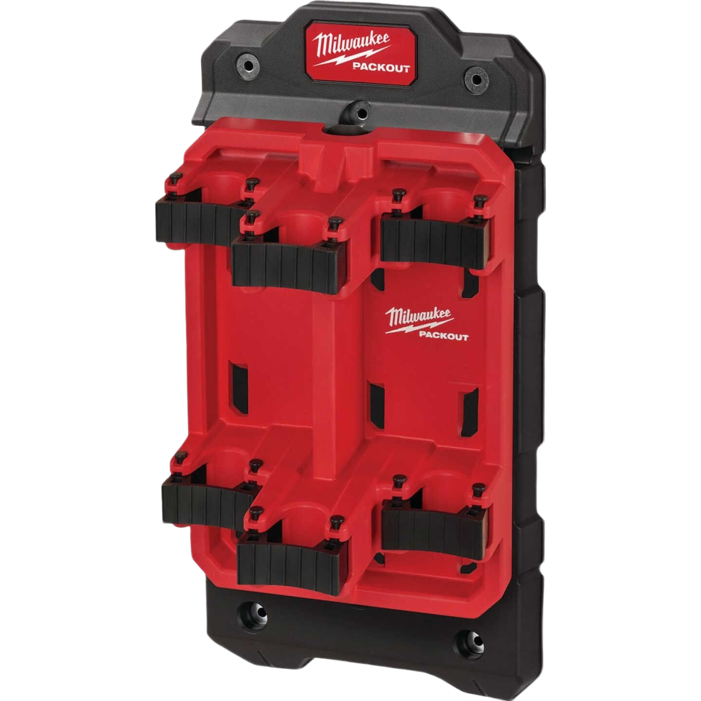 Red and black modular long handle rack with adjustable hooks for tool storage and workshop organization solutions