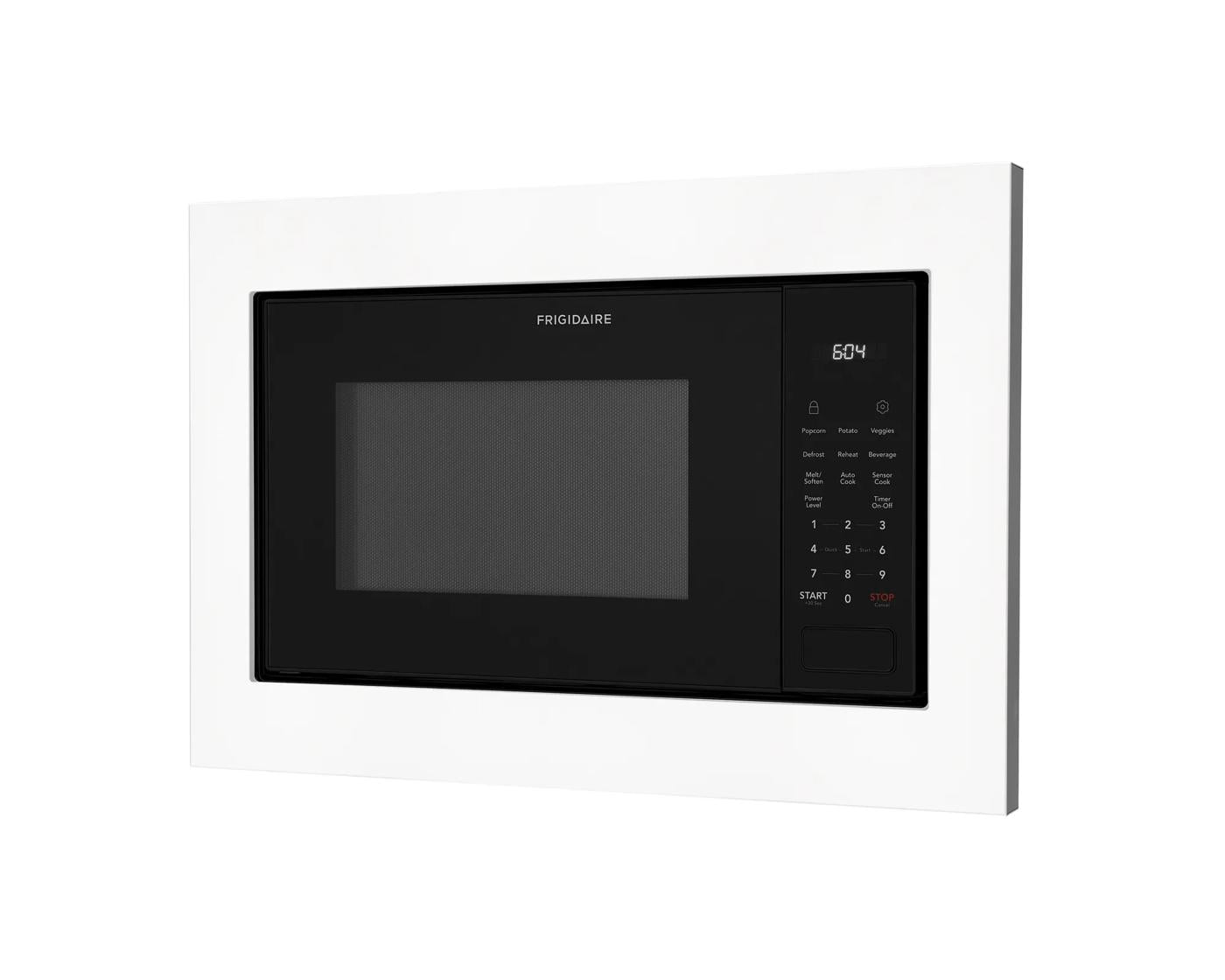 Built-in microwave framed by a smooth white trim kit for kitchen appliance parts and microwave accessories