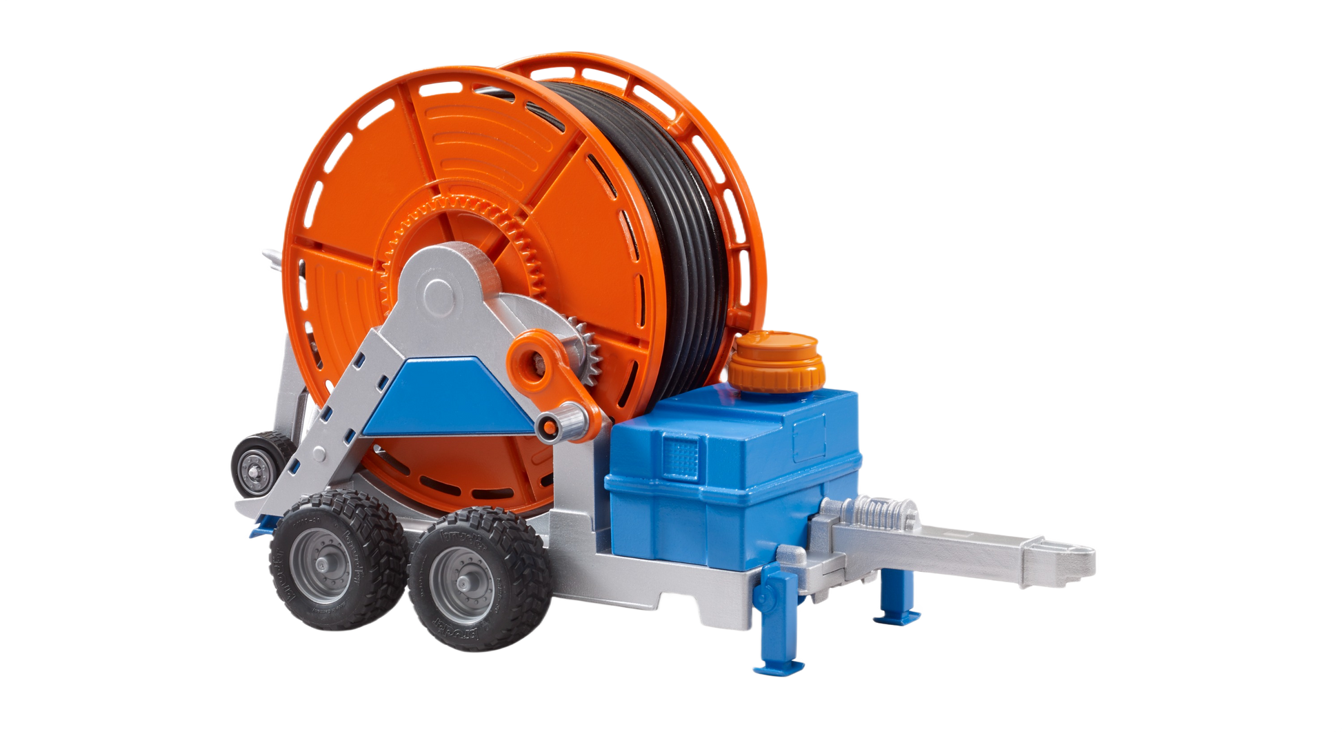 Agricultural irrigation toy trailer with orange hose reel and blue-gray frame, part of Bruder Toys collection under $100