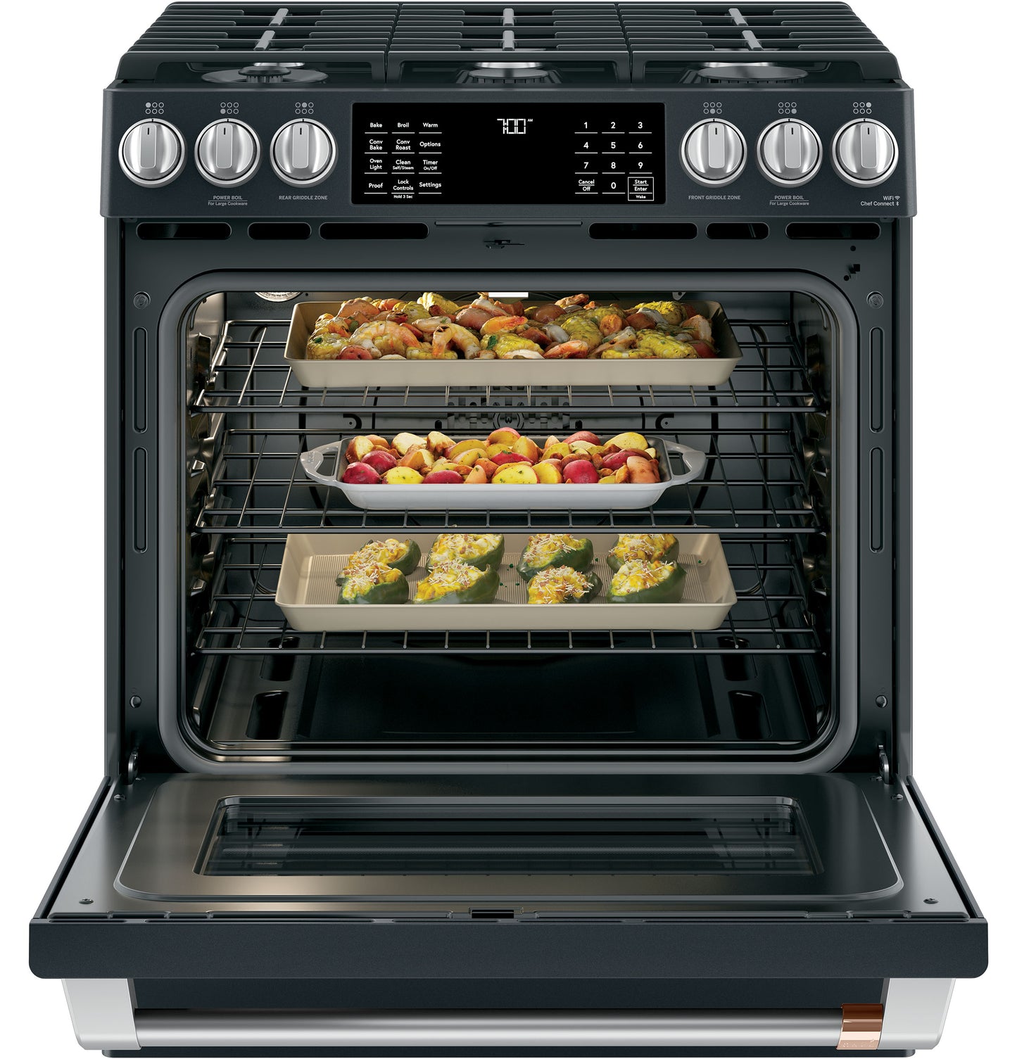Front view of black gas range with convection oven open, loaded with multiple baking trays in kitchen appliances collection