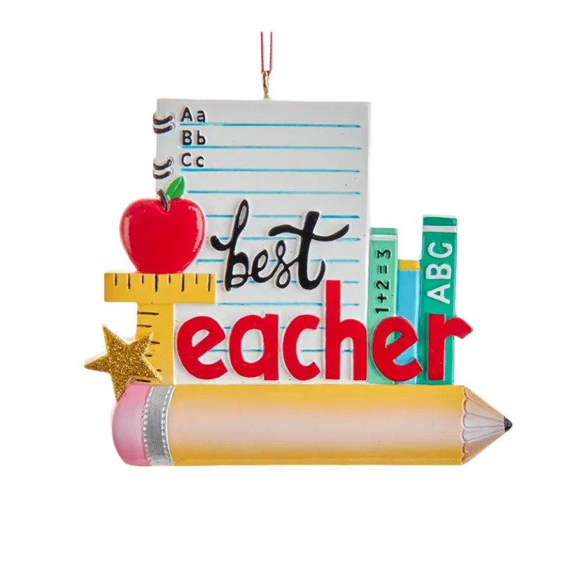 Christmas ornament with pencil, red apple, ruler, notebook paper, and learning blocks for teacher gifts under 50 dollars