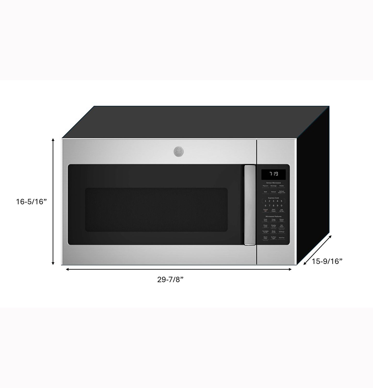 Stainless steel over-the-range microwave with digital control panel and recirculating venting, part of kitchen appliances.