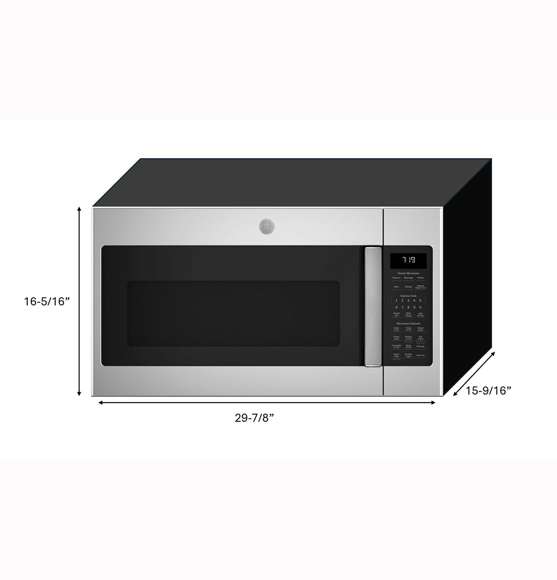 Stainless steel over-the-range microwave with digital control panel and recirculating venting, part of kitchen appliances.