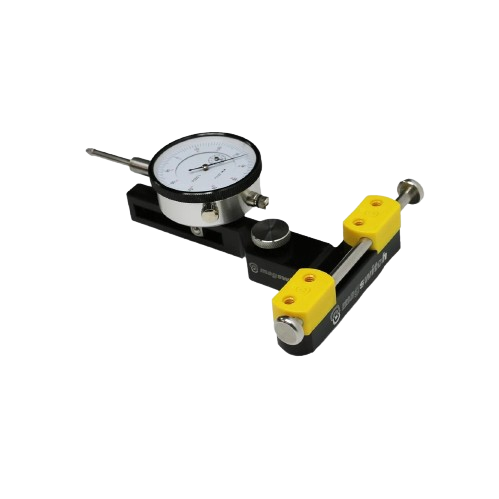 Universal saw alignment indicator with dial gauge and yellow mounts for precision tool and saw accessories use