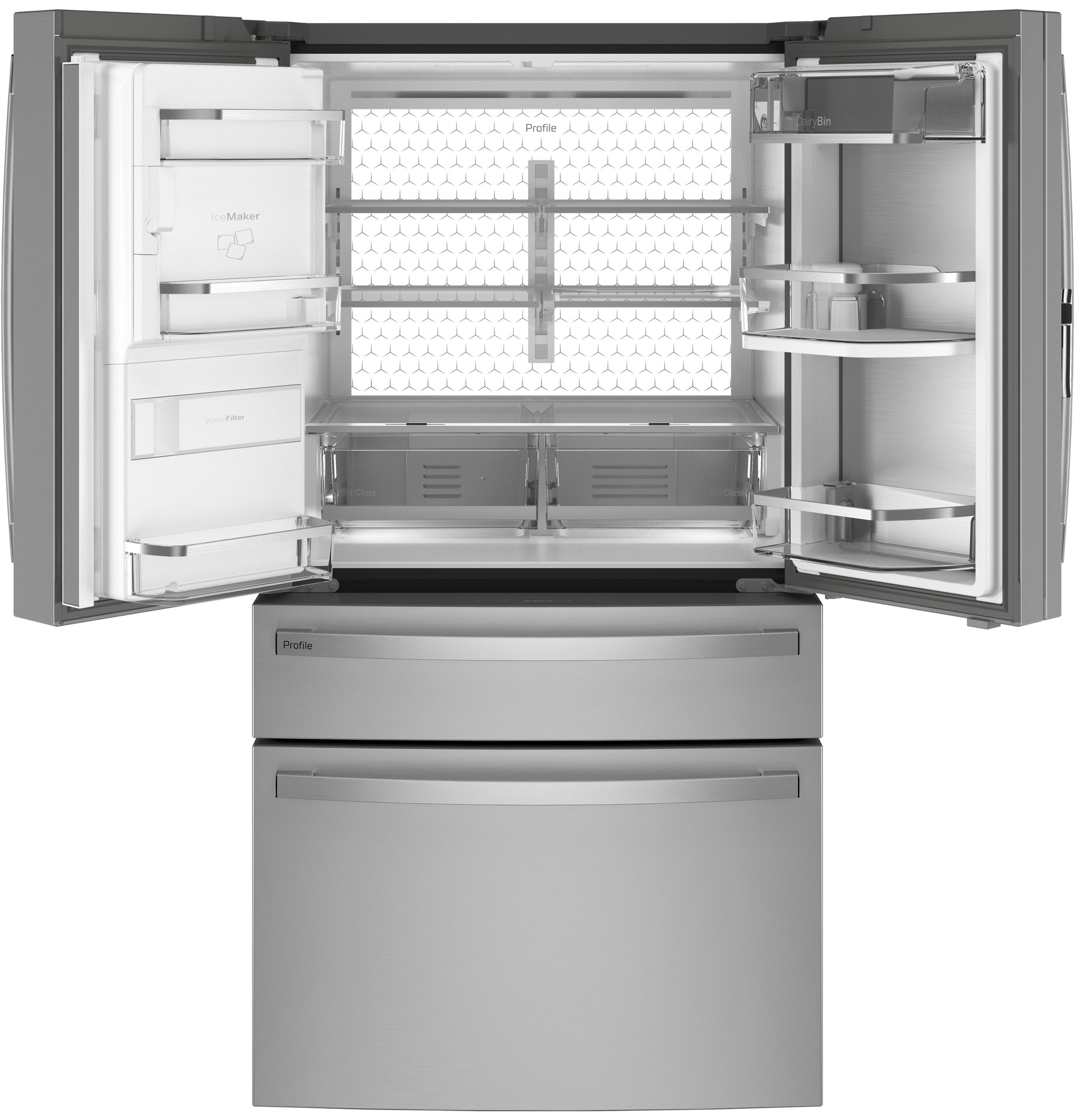 Open stainless steel 4-door French-door refrigerator with spacious interior and adjustable shelving in kitchen appliances collection