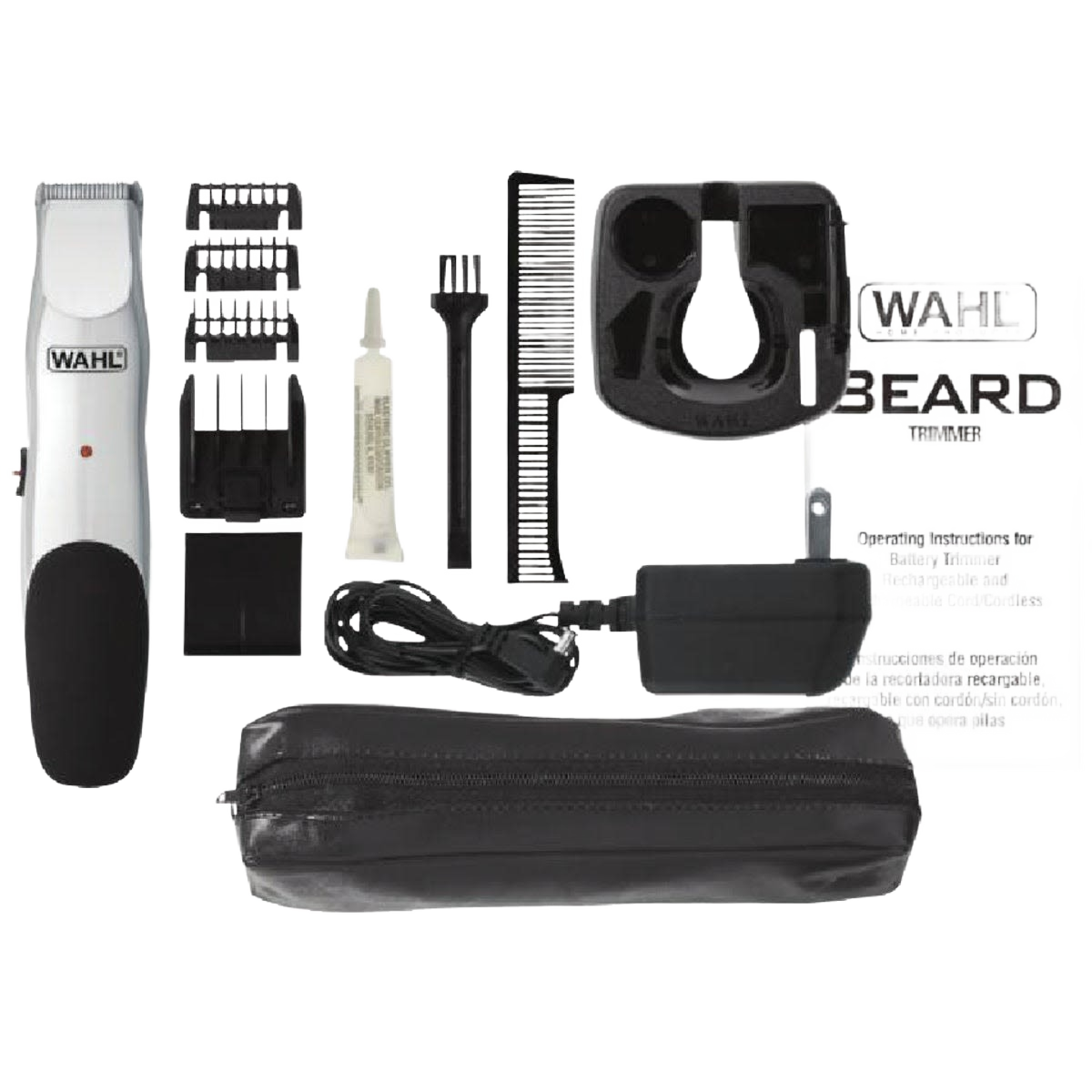 Rechargeable beard trimmer with adjustable guards, comb, cleaning brush, charger, oil, and travel pouch from Health & Beauty collections under $50