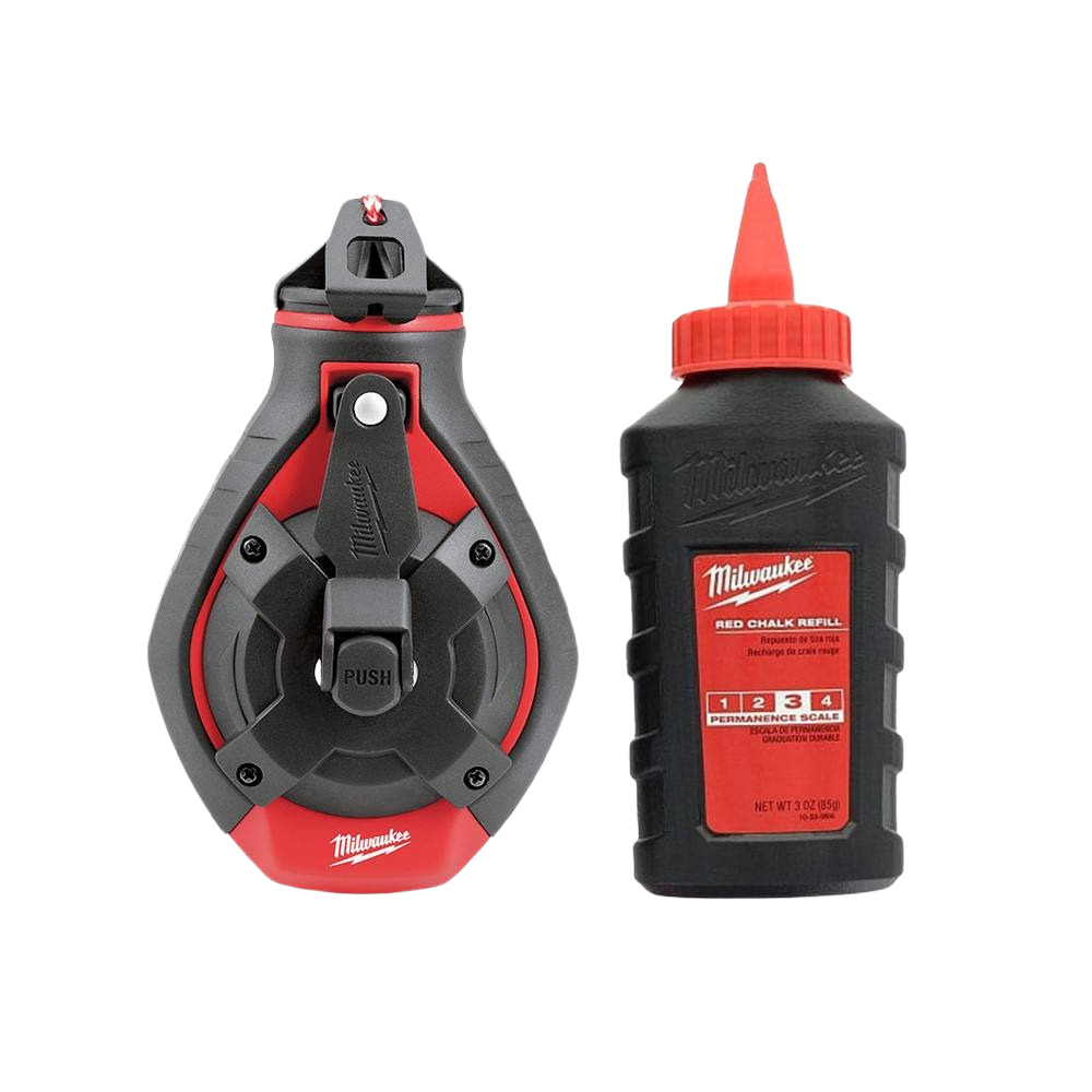 Red and black Milwaukee chalk reel with refill bottle for precise marking in woodworking and home improvement tools collections