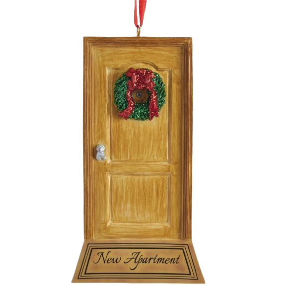 Wood-look door ornament with green glitter wreath and red bow hanging for Christmas tree decorations under $50