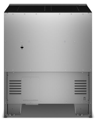 Rear view of stainless steel 30-inch induction freestanding range with ventilation panels and utility access for kitchen appliances