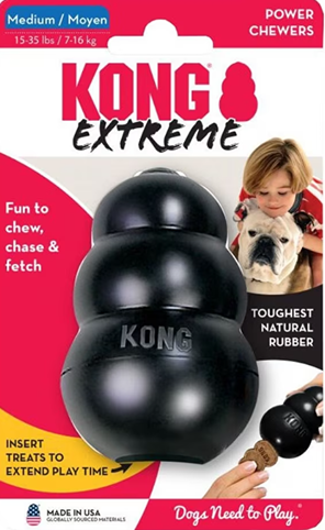 Black durable rubber dog chew toy designed for aggressive chewers, suitable for fetching and mental enrichment