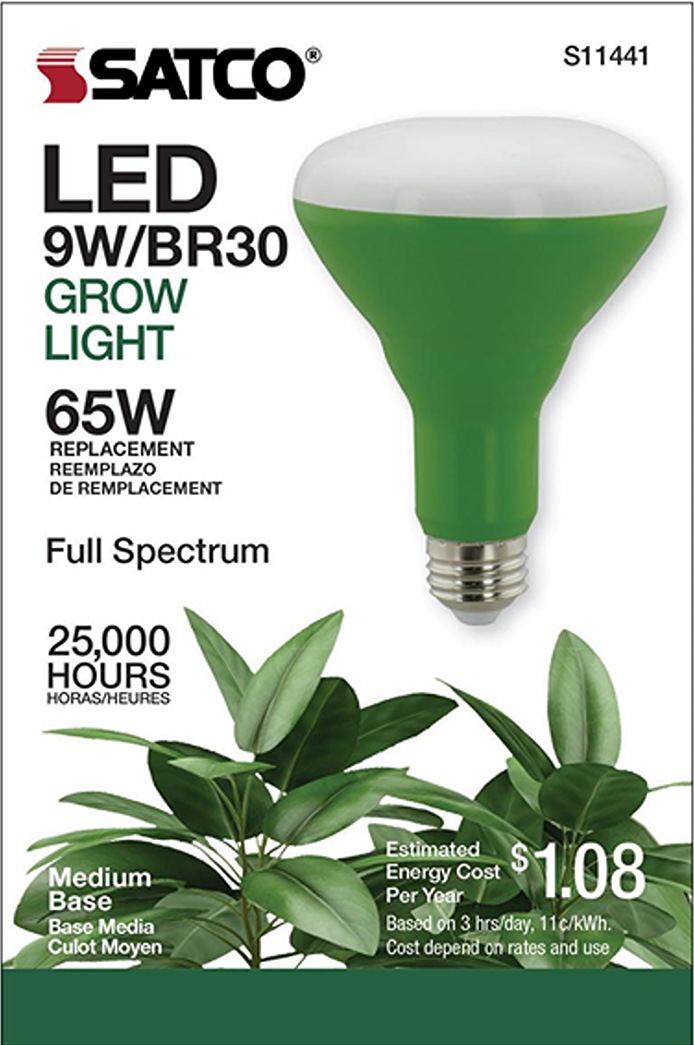 Green and white Satco 9 watt BR30 LED full spectrum grow bulb for indoor plants in lighting and electrical supplies collection