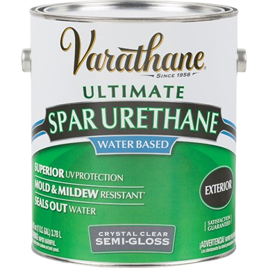 1 gallon can of water-based exterior spar urethane with semi-gloss finish for wood protection and sealing under $100
