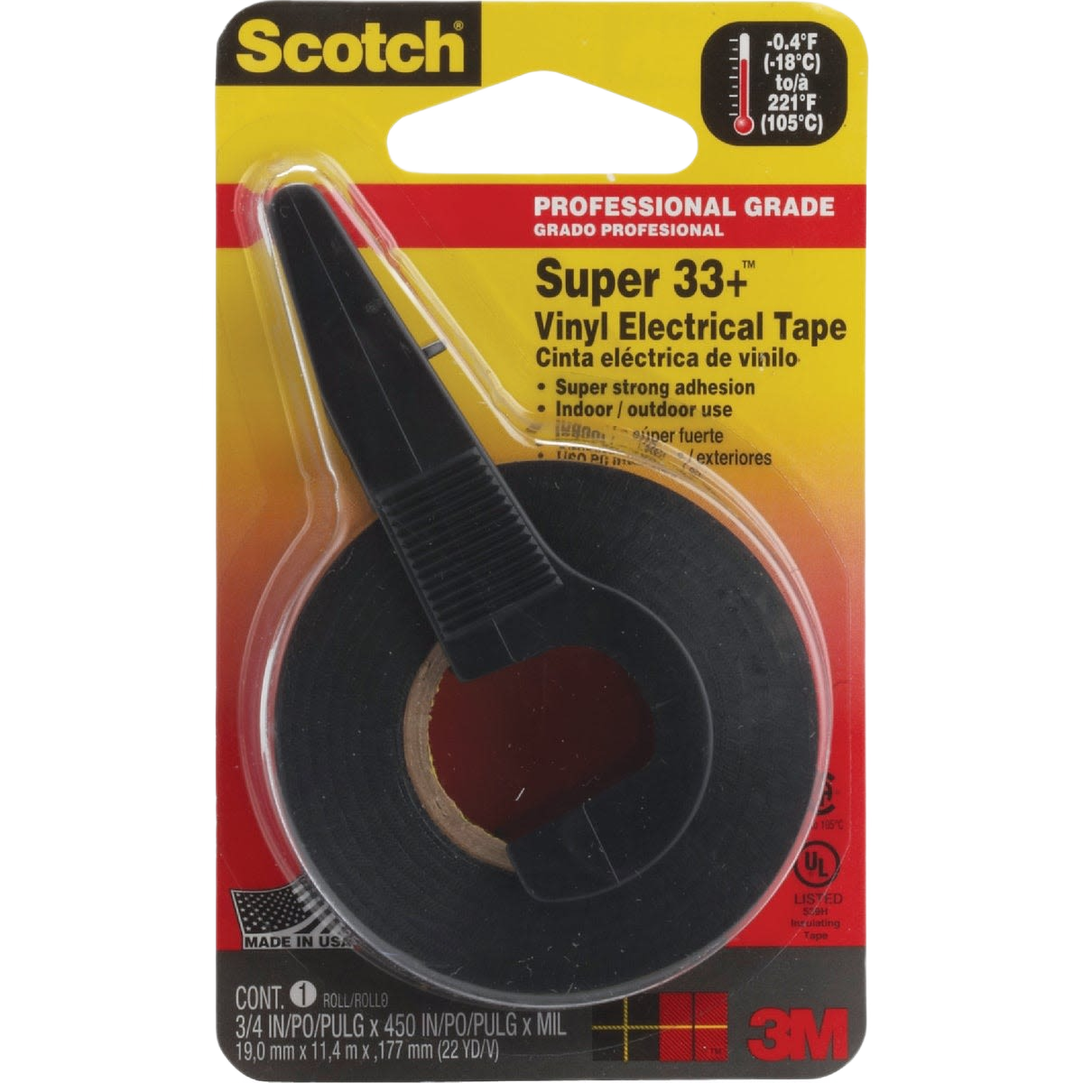 Professional grade vinyl electrical tape in black with dispenser, suited for indoor and outdoor electrical tool applications
