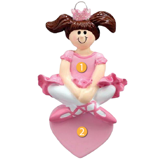Brunette ballerina ornament in pink tutu and crown holding pink heart from Christmas Ornaments & Tree Decorations collection