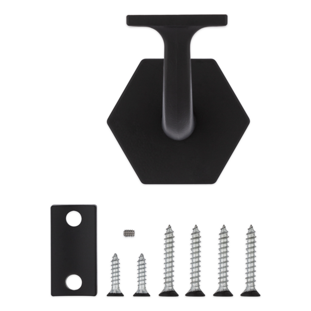 Matte black zinc handrail bracket with hexagonal base and mounting screws for shelving and storage organization under $50 collections