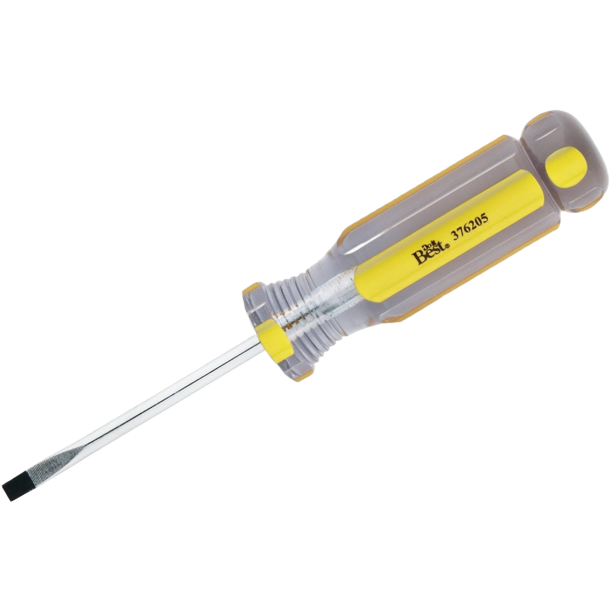 Gray and yellow-handled slotted screwdriver with metal shaft for home improvement and general tool use