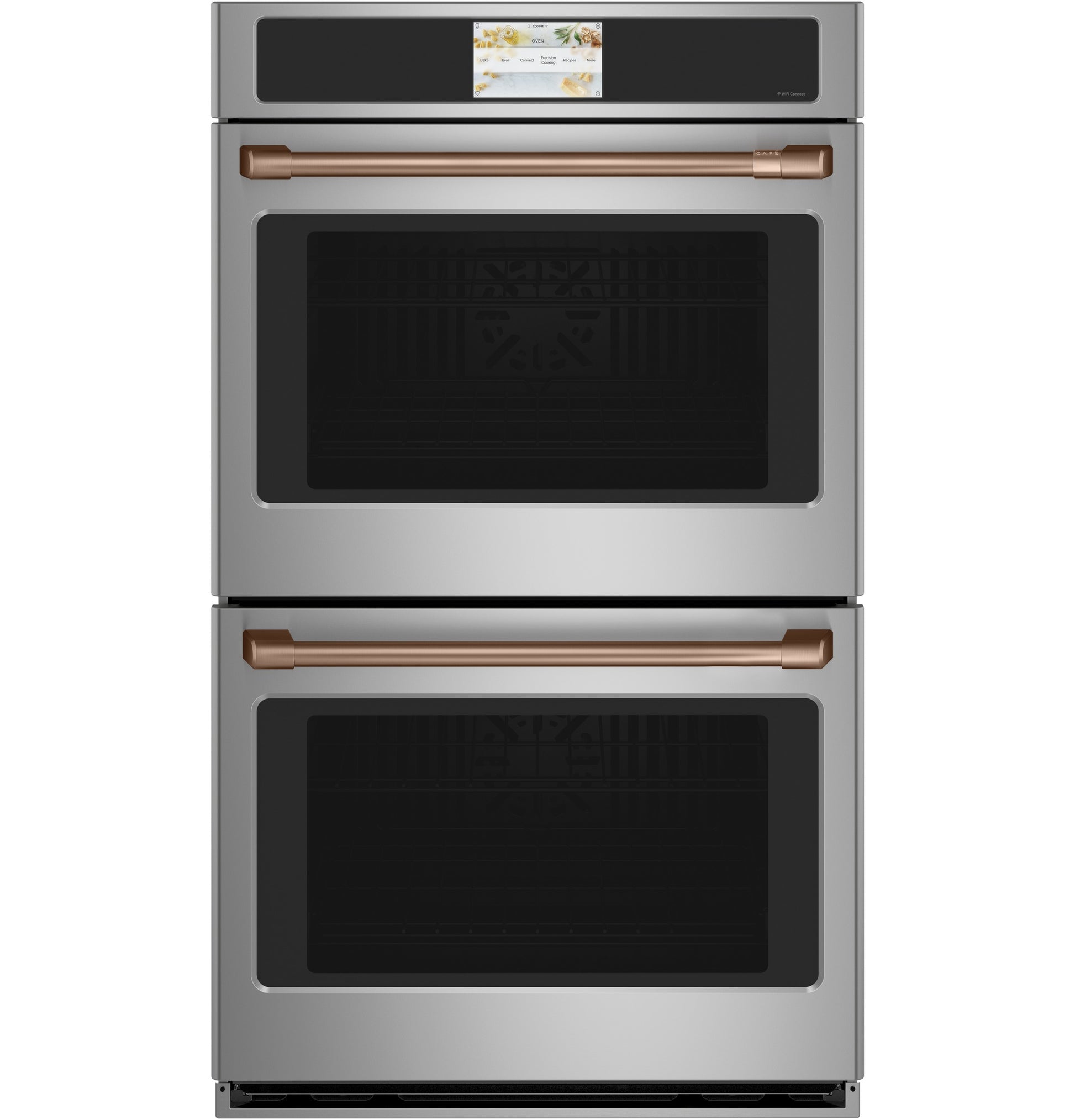 Stainless steel smart double wall oven with convection featuring bronze handles and digital touchscreen control panel