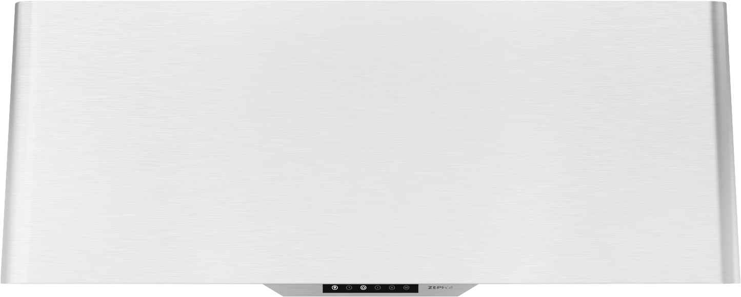Satin gold wall mounted range hood with invisible touch controls and baffle filters in kitchen appliances collection