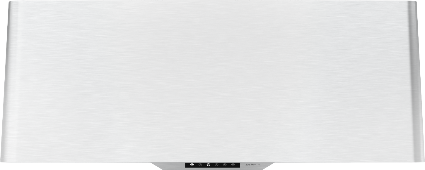 Satin gold wall mounted range hood with invisible touch controls and baffle filters in kitchen appliances collection