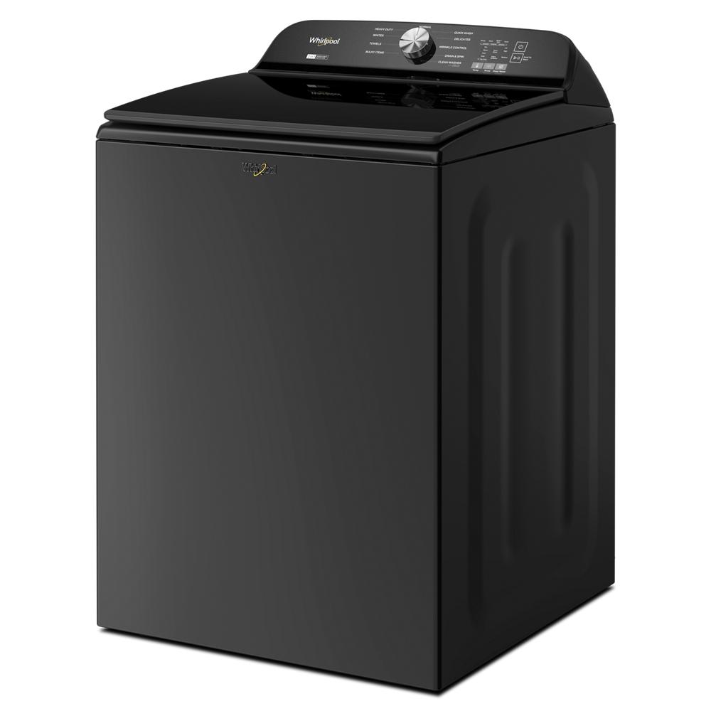 Sleek black top load washer with removable agitator, designed for efficient home laundry and appliance improvement.