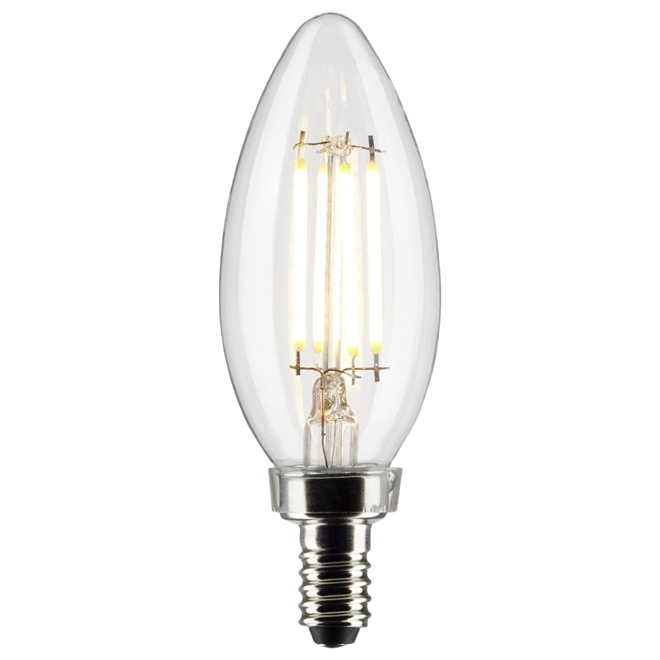 Clear LED filament bulb with warm light and candelabra base for energy-saving home lighting and ceiling fan fixtures