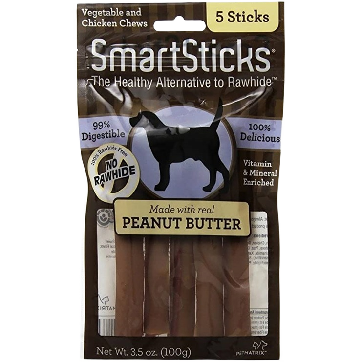 Package of five peanut butter flavored dog chews, vegetable and chicken based, promoting a healthy rawhide alternative
