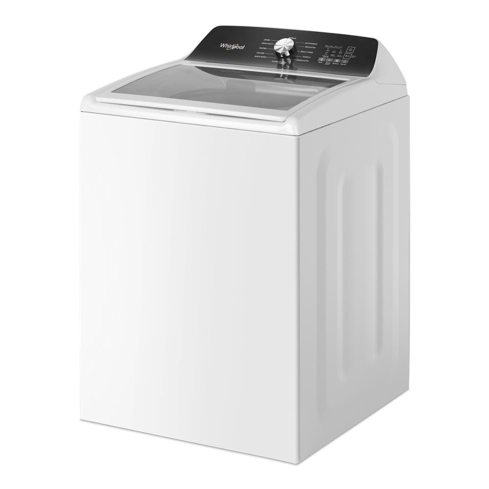 White Whirlpool top load washing machine with clear lid and control dial featuring built-in faucet for home improvement tasks