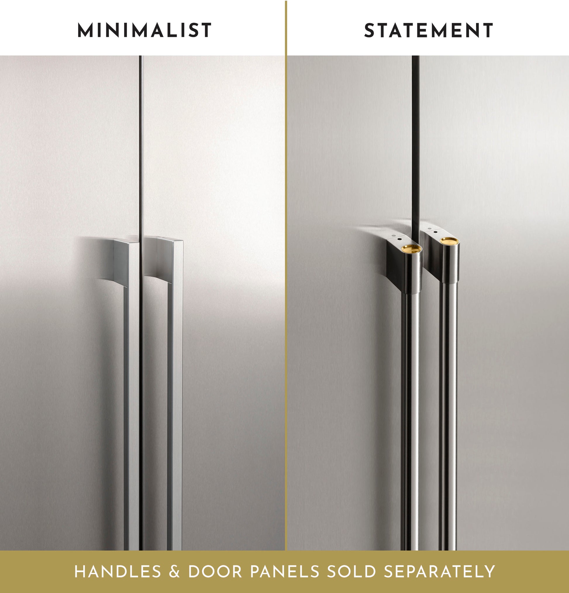 Comparison of minimalist and statement-style refrigerator handles on stainless steel panels in kitchen appliances collection
