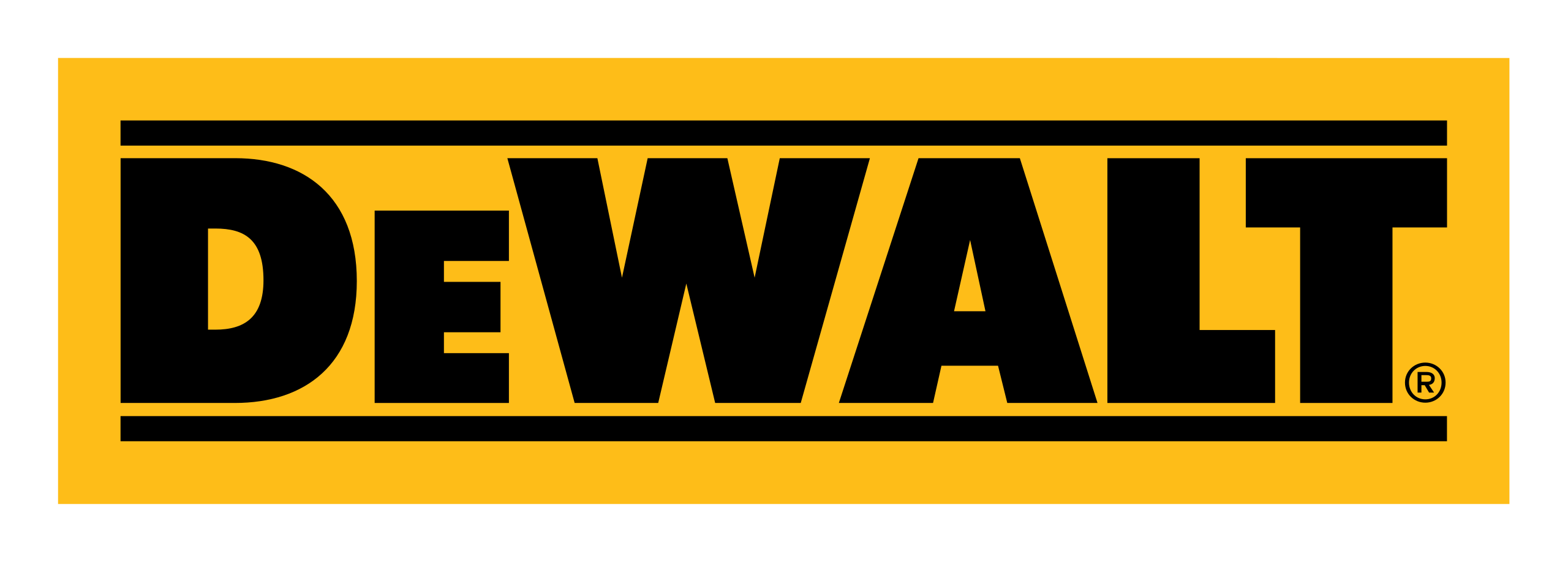 Bold black and yellow DeWALT logo with the brand name in uppercase letters inside a rectangular border on a white background.