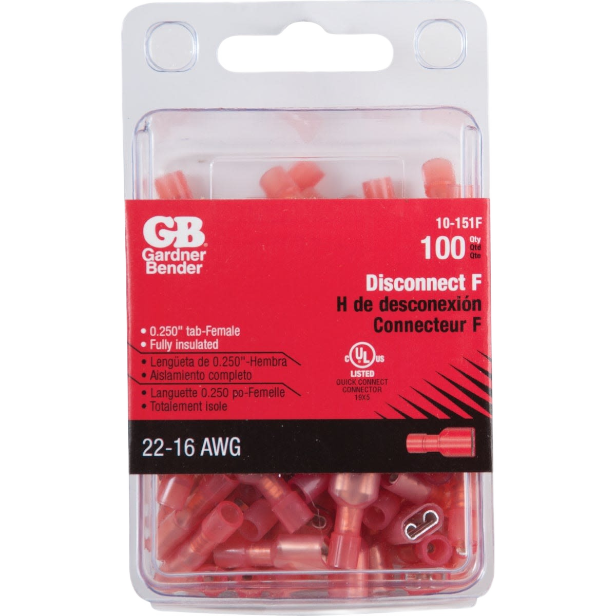 Plastic insulated red disconnect terminals for 22-16 AWG wire connections in tools and home improvement projects