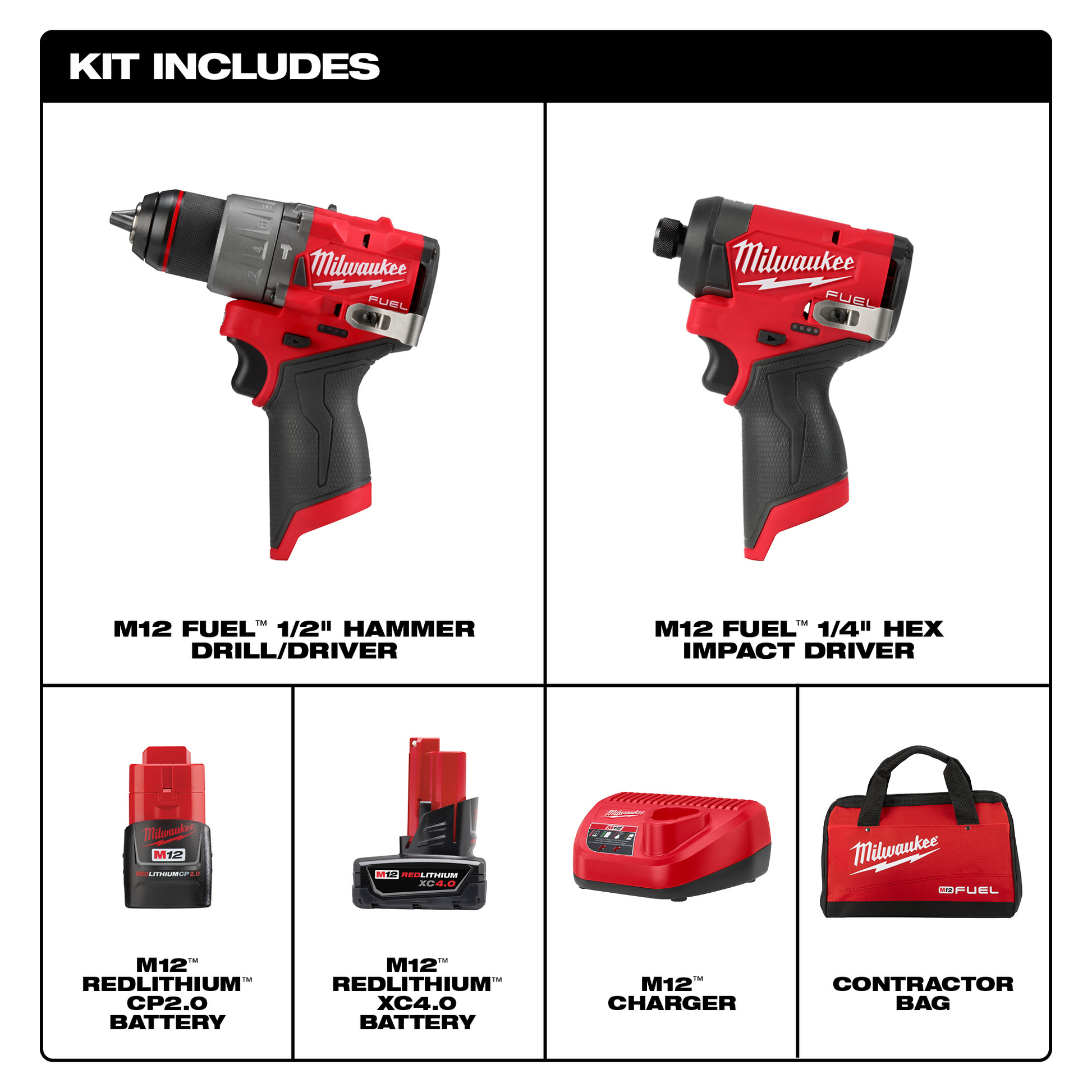 Milwaukee M12 FUEL compact drill driver and impact driver kit with batteries, charger, and contractor bag in power tools collection