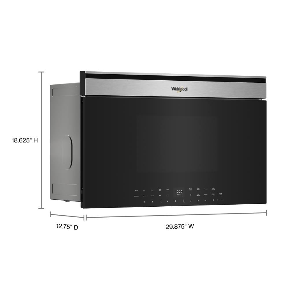 Built-in smart microwave with air fry and touch controls in stainless steel and black finish for modern kitchens