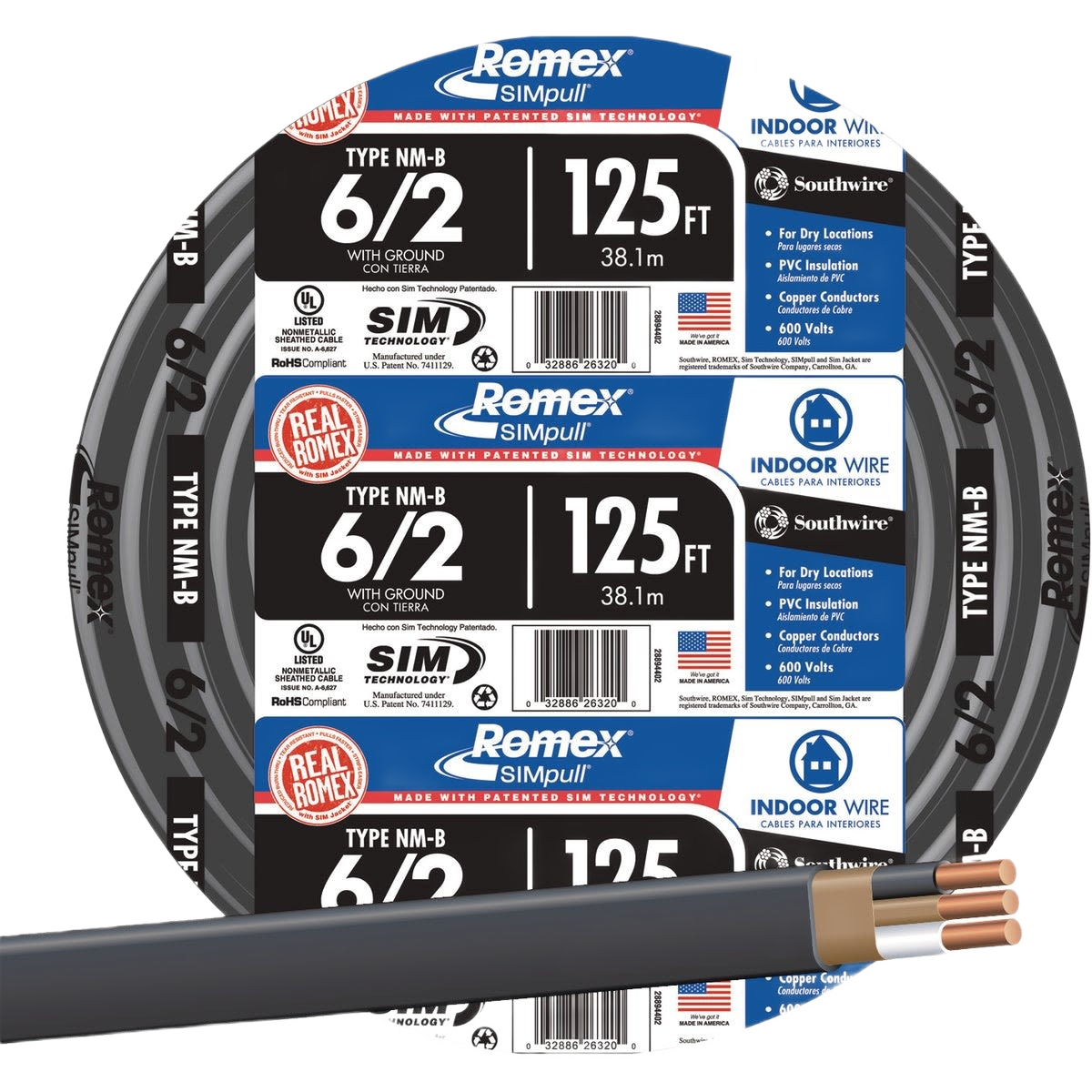 Black solid electrical cable with copper conductors and PVC insulation for indoor home improvement use
