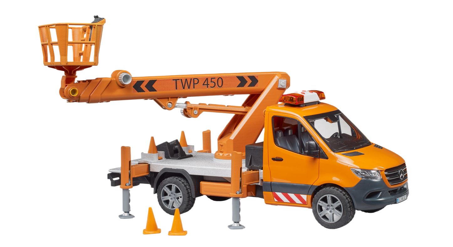 Orange utility vehicle with extendable work platform, stabilizer legs, and safety cones for realistic play and home improvement use