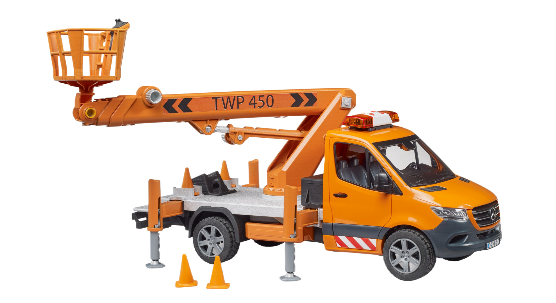 Orange utility vehicle with extendable work platform, stabilizer legs, and safety cones for realistic play and home improvement use