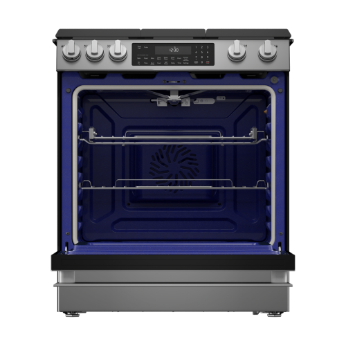 Open modern gas slide-in range with blue interior, convection fan, and stainless steel control panel in kitchen appliances collection