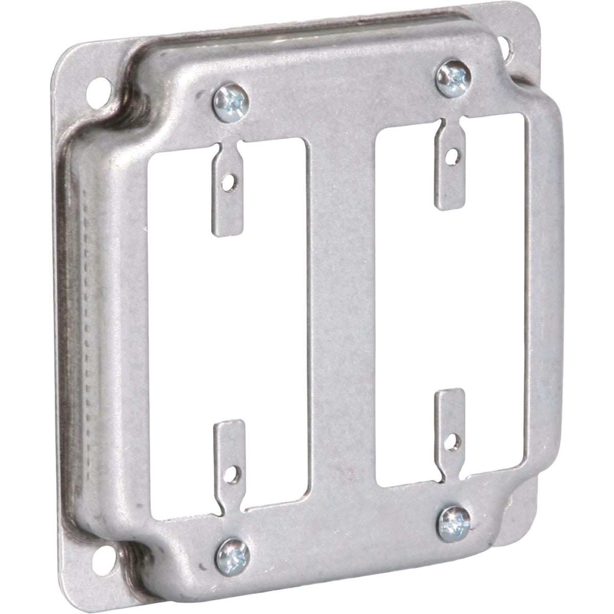 Steel device cover plate with screws and mounting tabs for protecting GFI outlets in tools and home improvement projects